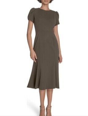 Calvin Klein Olive Green Midi Dress with Puff Shoulders US 6
